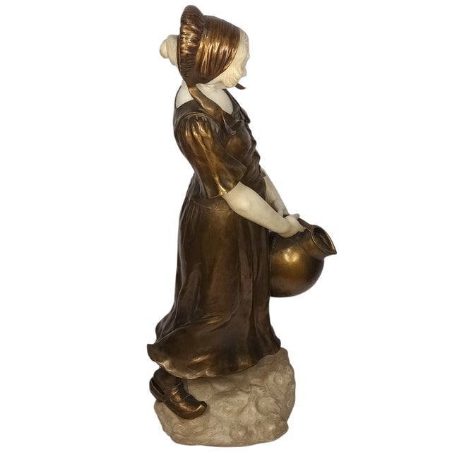 Large Art Deco Bronze and Carved Marble Sculpture of a Water Carrier by Dominique Alonzo (58 Cm) For Sale - Image 9 of 12
