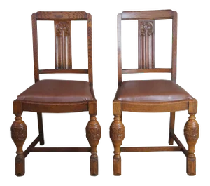2 Antique Jacob Summer & Sons Elizabethan Jacobean English Oak Dining Chairs