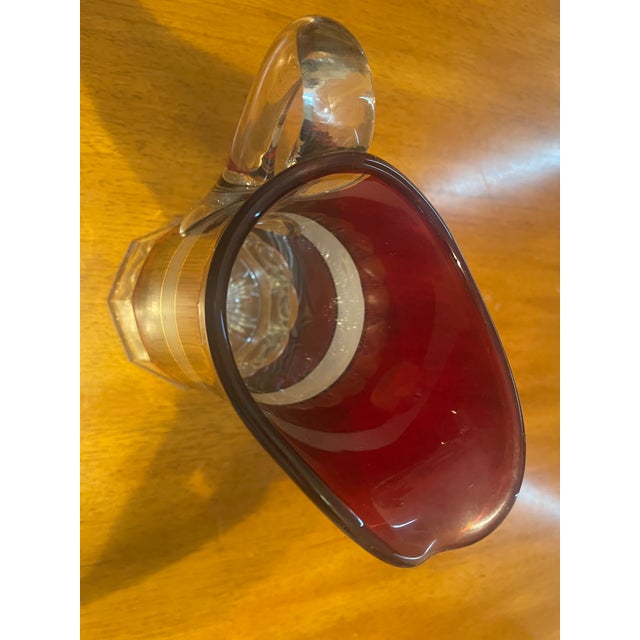 Vintage Ruby Red Glass Pitcher & 6 Tumblers Set - White and Gold Banded Barware For Sale - Image 11 of 11