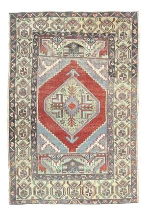 3'7x5'5 Vintage Turkish Hand-Knotted Geometric Runner Rug