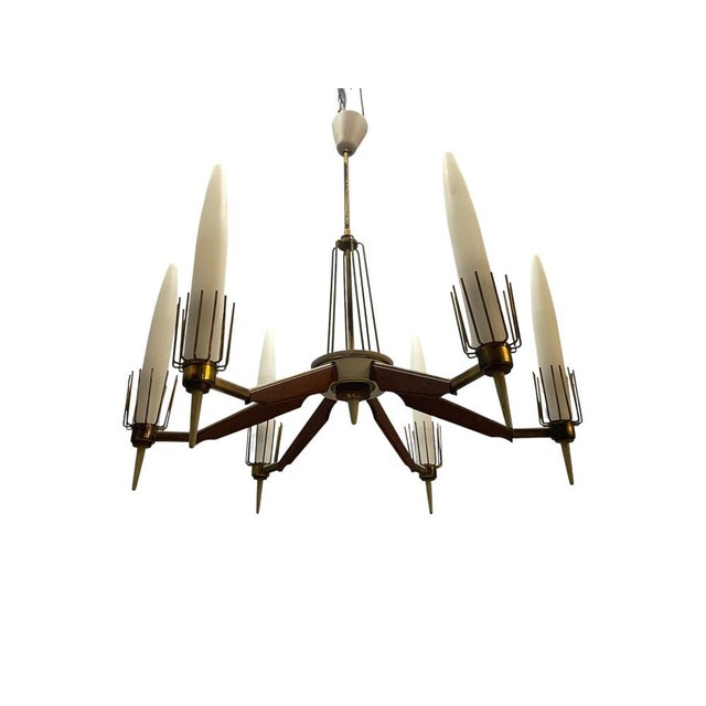 Vintage Italian Walnut Veneer and Opaline Glass Six-Light Chandelier, 1950s For Sale - Image 18 of 18