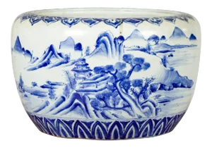Mid 19th Century Japanese Meiji Period Blue and White Round Porcelain Planter