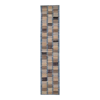 2020s Blue & Brown Flatweave Kilim Wool Runner With a Modern Abstract Design For Sale