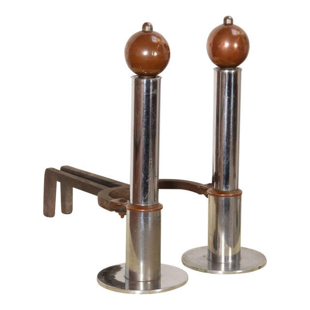Pair of Art Deco Chrome and Copper Column Form Andirons For Sale