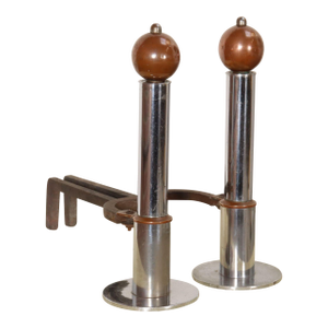 Pair of Art Deco Chrome and Copper Column Form Andirons
