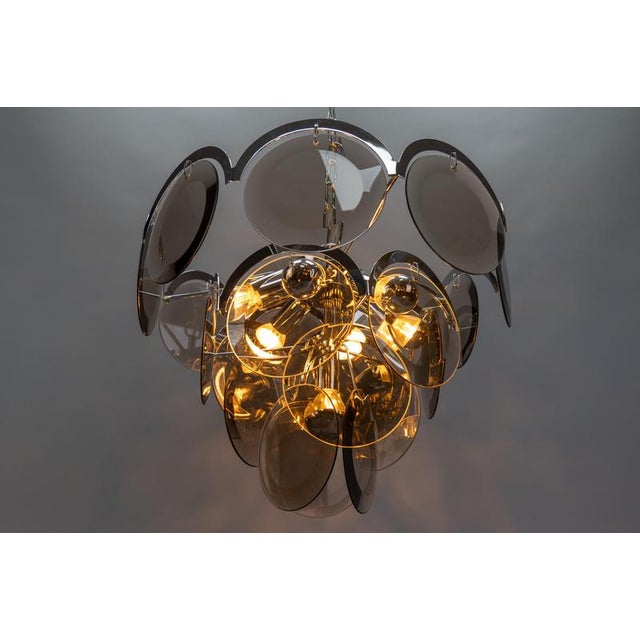 Metal Smoked Glass and Chromed Metal Seven-Light Pendant Chandelier, 1970s For Sale - Image 7 of 18