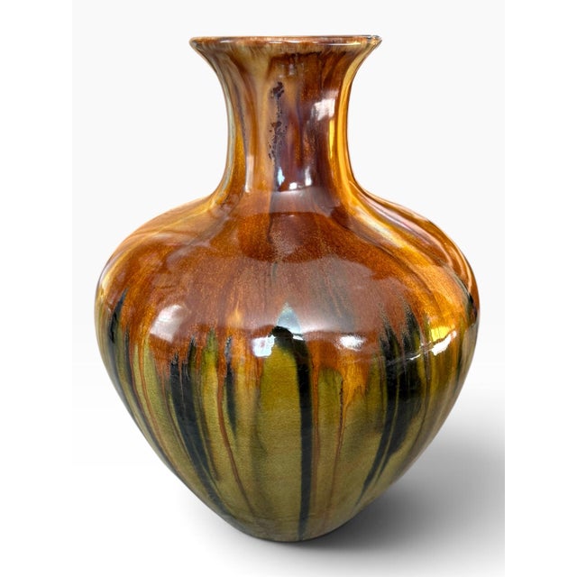 Striking vintage Italian ceramic vase featuring a dramatic layered drip glaze in rich chocolate brown, amber, olive green,...