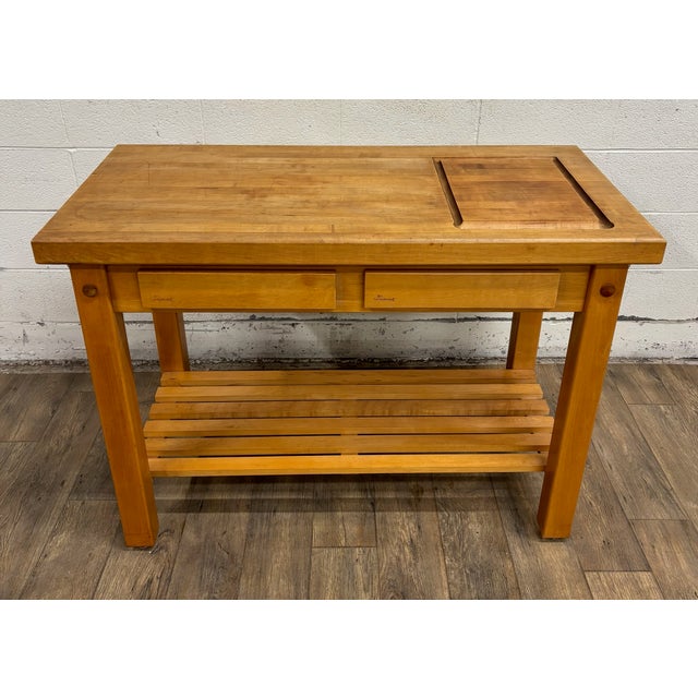 This is a gorgeous Le Gourmand kitchen island butcher block table with two drawers, hooks, bottom shelf, and cutting...