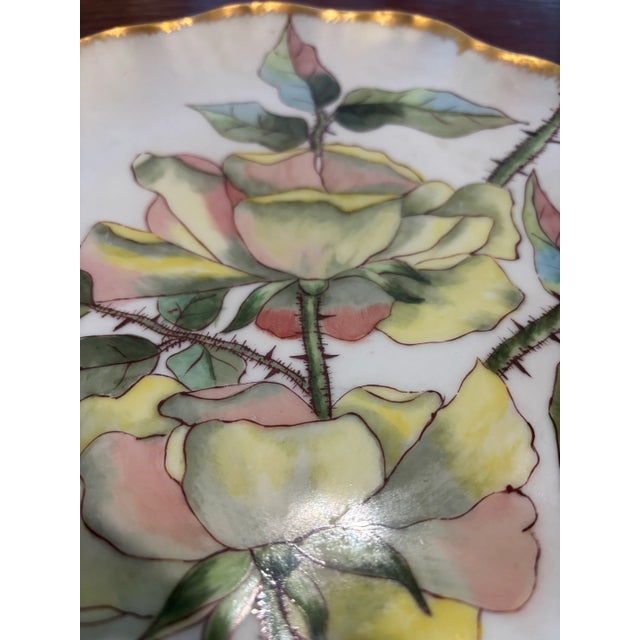 Realism Antique Limoges Hand Painted Rose Plate With Rose Petal Rim For Sale - Image 3 of 7