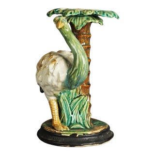 Antique Style Figural Majolica Pottery Crumpet Stand with Emu & Palm Tree, 20th Century For Sale