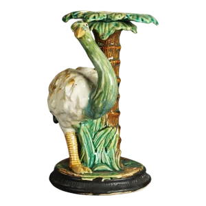 Antique Style Figural Majolica Pottery Crumpet Stand with Emu & Palm Tree, 20th Century