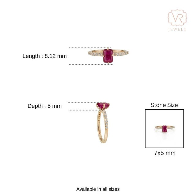 1.33ct Emerald Cut Ruby Solitaire Ring With Pave Diamonds in 14k Gold Size 8 For Sale - Image 12 of 17