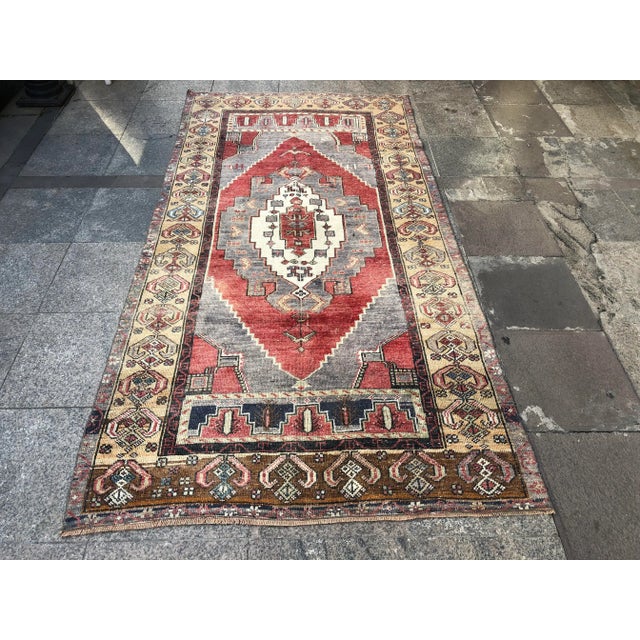 1960s Vintage Tribal Handmade Floral Wool Rug- 4′2″ × 8′5″ For Sale - Image 11 of 11