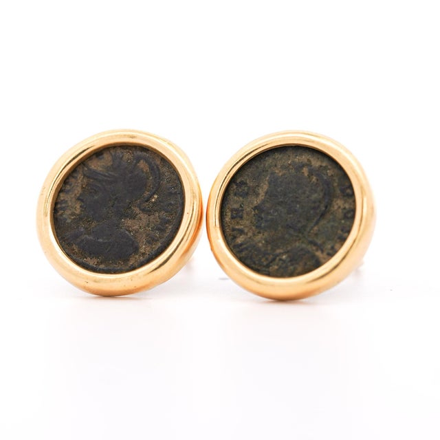 Metal 1990s Authentic Roman Coin 14k Gold Bezel Set Stud Earrings With Lever Backs, A Pair For Sale - Image 7 of 8