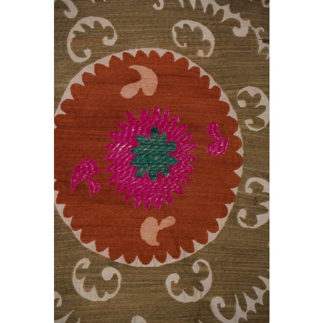 Decorative Suzani Embroidery | Olive Green Living Room Wall Hanging 6'11'' X 10'3'' For Sale - Image 10 of 15
