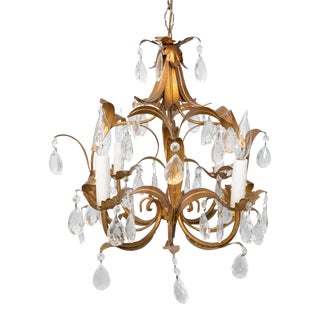 Mid-Century Italian Gilt Tole & Crystals Chandelier For Sale