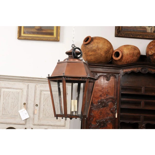 French Copper Three-Light Hexagonal Lanterns with Glass Panels, US Wired - A Pair For Sale - Image 10 of 12