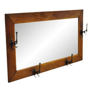 Antique Mission Arts & Crafts Oak Wood Beveled Glass Hall Mirror Iron Coat Hooks