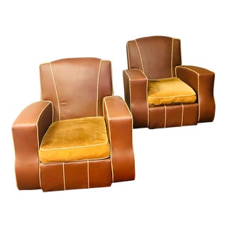 Mid Century Art Deco Vinyl Easy Chairs- A Pair For Sale