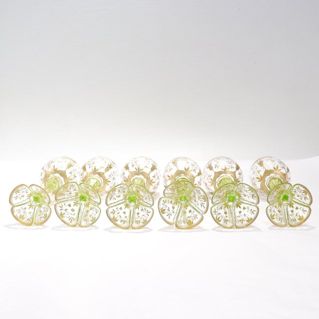 1900 Set of 6 Gilt German or Bohemian Art Nouveau Clear & Green Glass Wine Goblets For Sale - Image 13 of 18