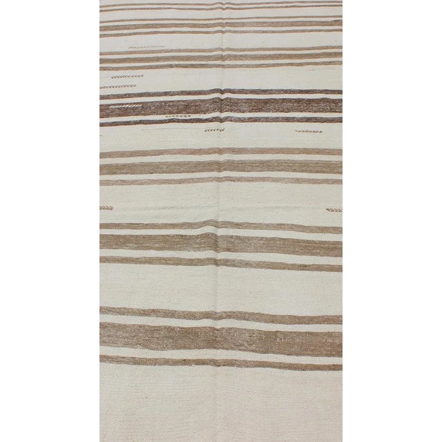 Turkish Vintage Kilim Flat-Weave Rug in Brown and Cream With Stripe Design For Sale - Image 4 of 13