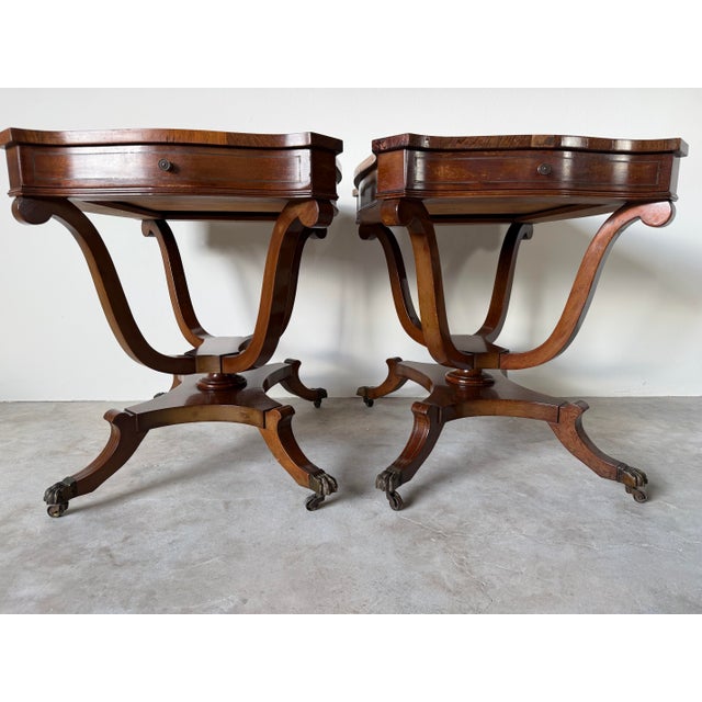 Vintage Eclectic Mahogany Curule-Base Side Tables With Brass Inlay – Pair For Sale - Image 4 of 18