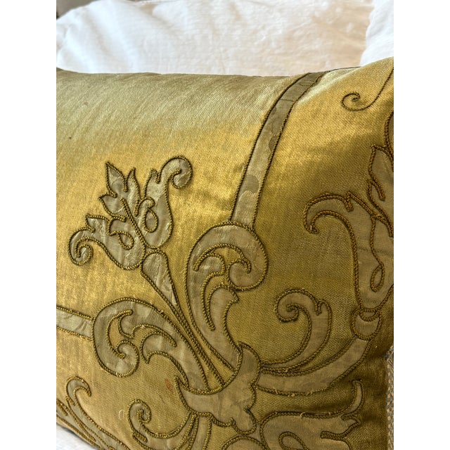 Antique Acid-Green Crushed Silk Velvet Applique Bolster Pillow. For Sale - Image 4 of 7
