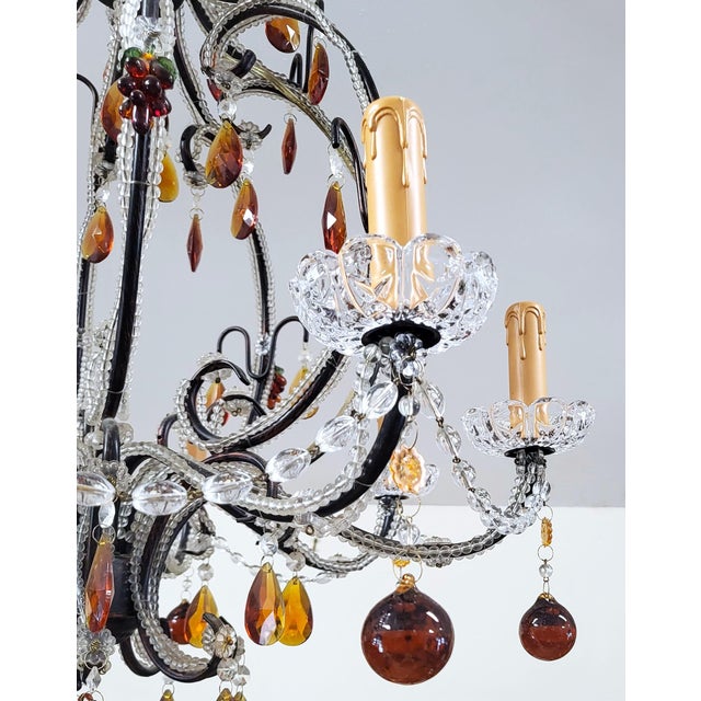 Vintage Italian Designer Beaded & Amber Glass Hot Air Balloon 8 Light Chandelier For Sale - Image 10 of 17