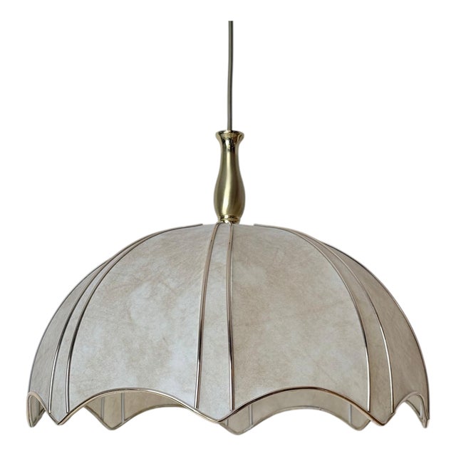 Mid-Century Pendant Light with Brass and Cocoon-Style Shade, 1980s For Sale