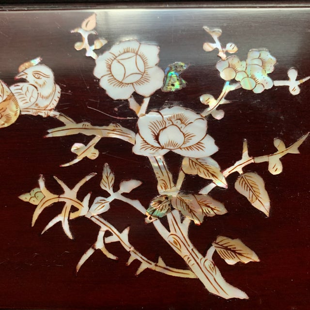 Late 20th Century Vintage Asian Wood Jewelry Box With Mother of Pearl Design For Sale - Image 4 of 13