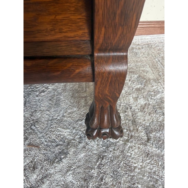 Antique American Solid Tiger Oak Drop-Center Vanity Dressing Table With Lion's Paw Feet For Sale - Image 9 of 10