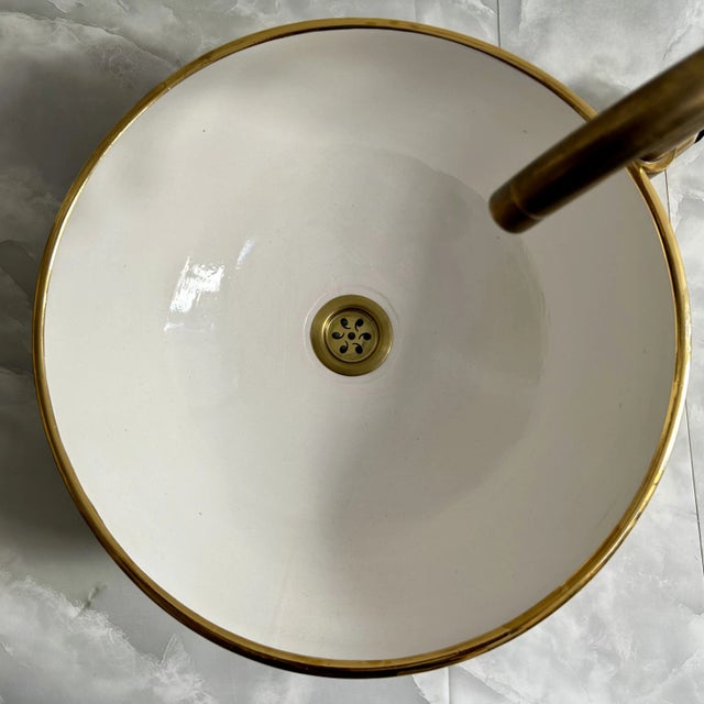 Contemporary Milk White Ceramic Sink With 14k Gold Rim Vessel Round Sink Bowl Basin With Drain For Sale - Image 3 of 8