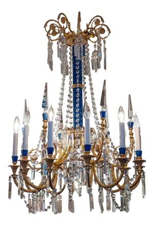 Louis XVI Style Gilt Bronze and Faux Lapis Twelve-Light Chandelier