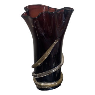 Signed Camozzo Dark Amethyst & Gold Fleck Murano Glass Vase. Italy, Late 20th C. For Sale