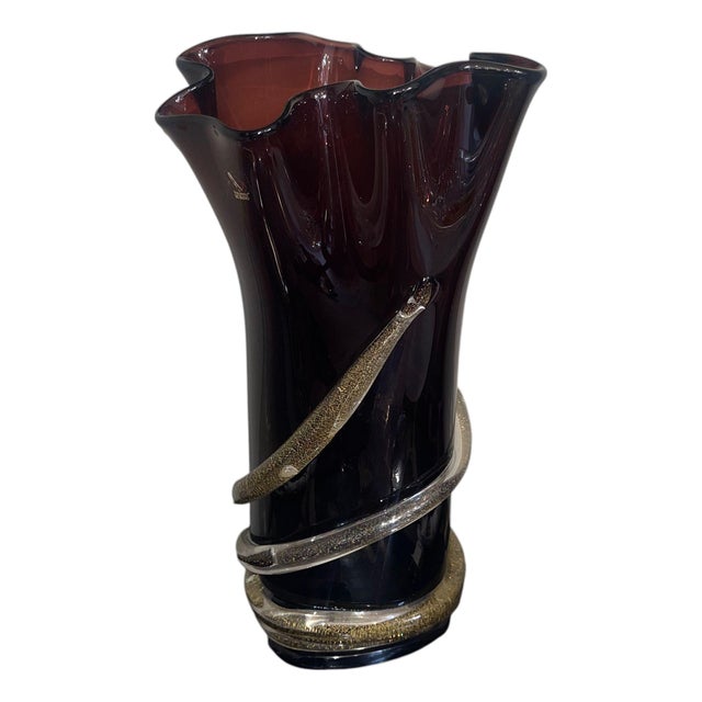 Signed Camozzo Dark Amethyst & Gold Fleck Murano Glass Vase. Italy, Late 20th C. For Sale