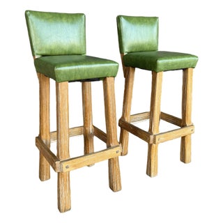 Pair of Rustic Green Leather Bar Stools by Ranch Oak For Sale