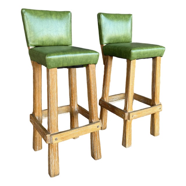 Pair of Rustic Green Leather Bar Stools by Ranch Oak For Sale