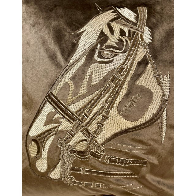 16" Square Decorative Throw Pillow Embellished With a Majestic Horse Wearing A Bridle Stitched in Silver On A Rich Taupe...