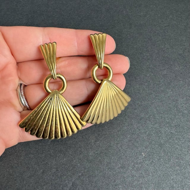 Metal Monet Gold Tone Fan Earrings Clip-on 90s Vintage Statement Drop Earrings For Sale - Image 7 of 9