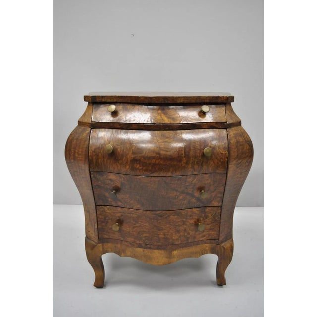 Small Italian Jewelry Chest, Burl Olive Wood French Louis XV Style Bombe Commode. Item features shapely bombe form, "Made...