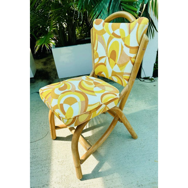 Vintage 1950's Style Rattan and Bamboo Upholstered Chairs- Set of 5 For Sale - Image 4 of 12