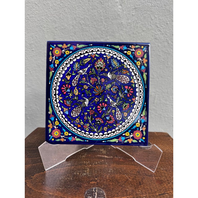Vintage Armenian Ottoman Hand-Painted Ceramic Decorative Wall Tile — Mediterranean For Sale - Image 4 of 4