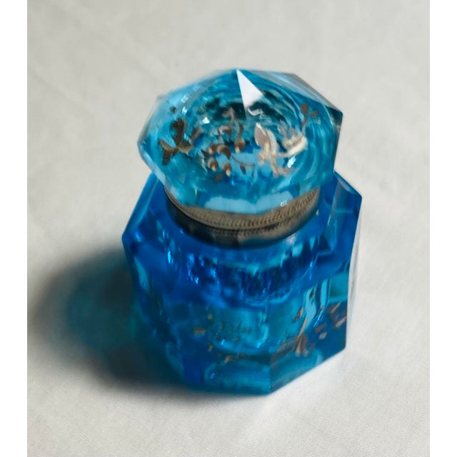 Art Deco Antique Blue Faceted Crystal Artdeco Inkwell or Fragrance Holder Enamel Painted Flowers For Sale - Image 3 of 10