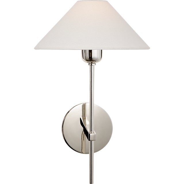 J. Randall Powers for Visual Comfort Signature Hackney Single Sconce in Polished Nickel with Linen Shade For Sale