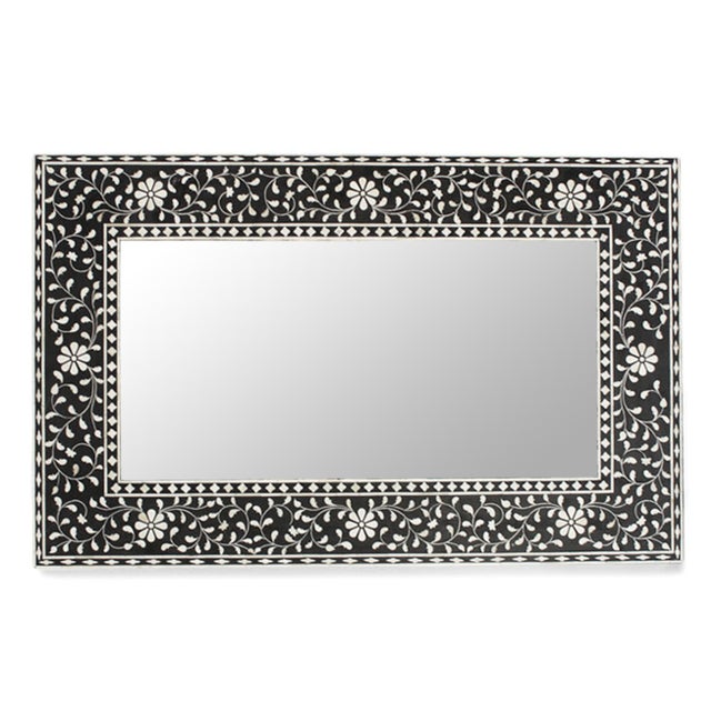 Indian Vintage Black & White Floral Pattern Wall Mirror For Sale - Image 3 of 3