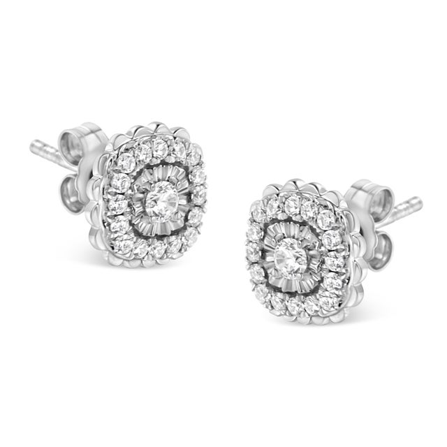 Contemporary .925 Sterling Silver 1/2 Cttw Round-Cut Diamond Halo Cluster Stud Earring (I-J Color, I2-I3 Clarity) For Sale - Image 3 of 7