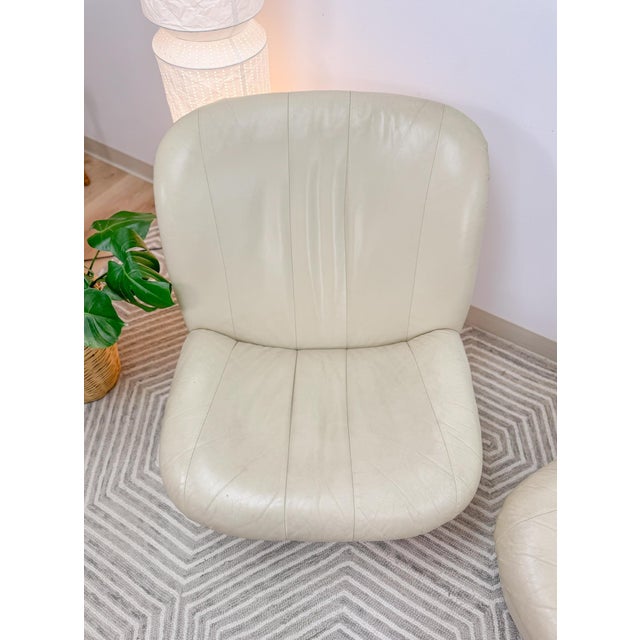 Vintage Cream Leather MCM Postmodern Swivel Glider Chair Pair 28" Wide For Sale - Image 10 of 15