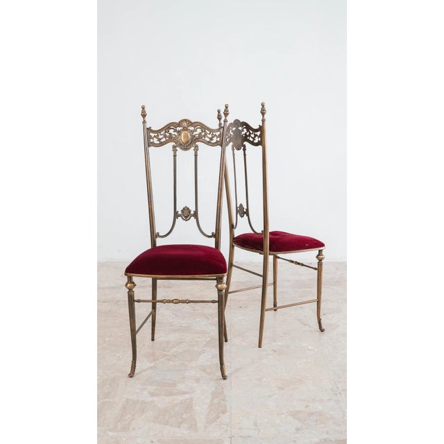 Antique Chiavarine Chairs in Brass and Red Velvet, 1950s, Set of 2 For Sale - Image 4 of 18