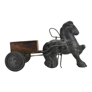 Antique English Pressed Steel Pedal Ride on Horse with Basket For Sale