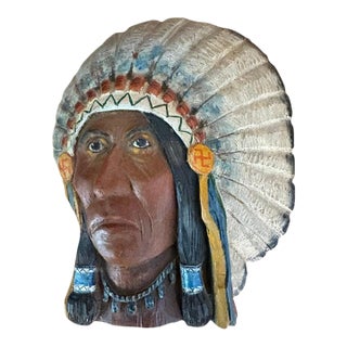 1930s Hand Carved & Painted Wood Indian Chief Plaque For Sale